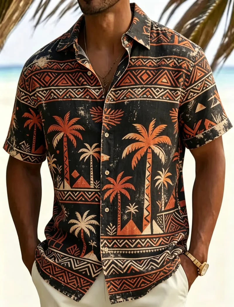 Men's Retro Tribal Tropical Printed Short Sleeved shirt, Suitable For Summer vacations, Party outings, And Daily Wear