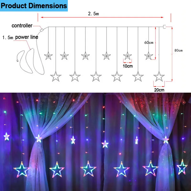 LEDスターライトガーランド,2.5m,EU,クリエイティブ,クリスマス,カーテン,ストリングライト,寝室,休暇,結婚式,パーティーの装飾