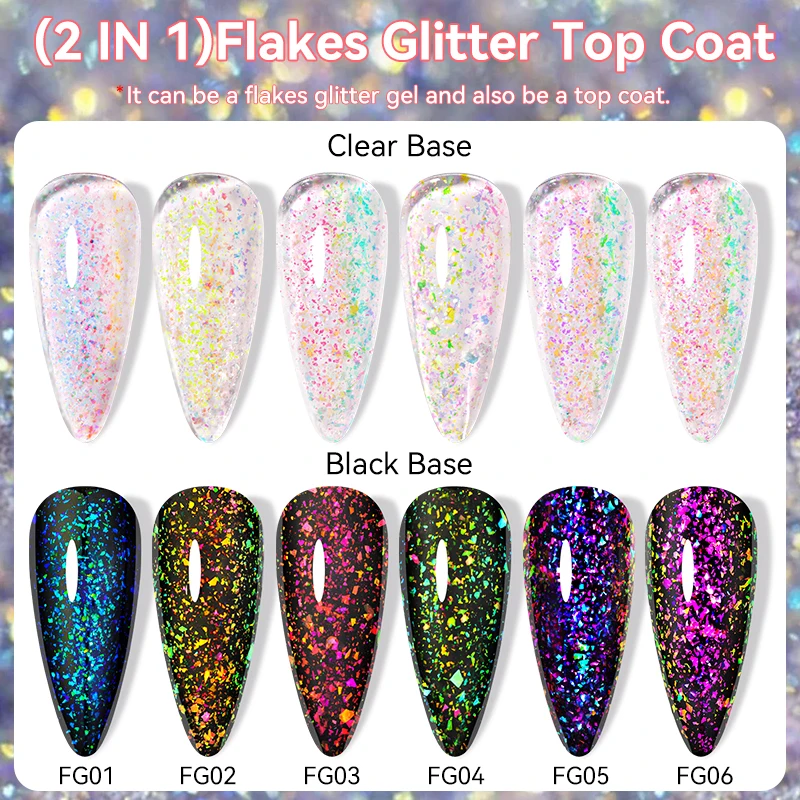 LILYCUTE 2 IN 1 Flakes Glitter Top Coat Gel Polish Nail Art Vernis Semi Permanent UV Gel Sparking Aurora Gel No Wipe Top Coat