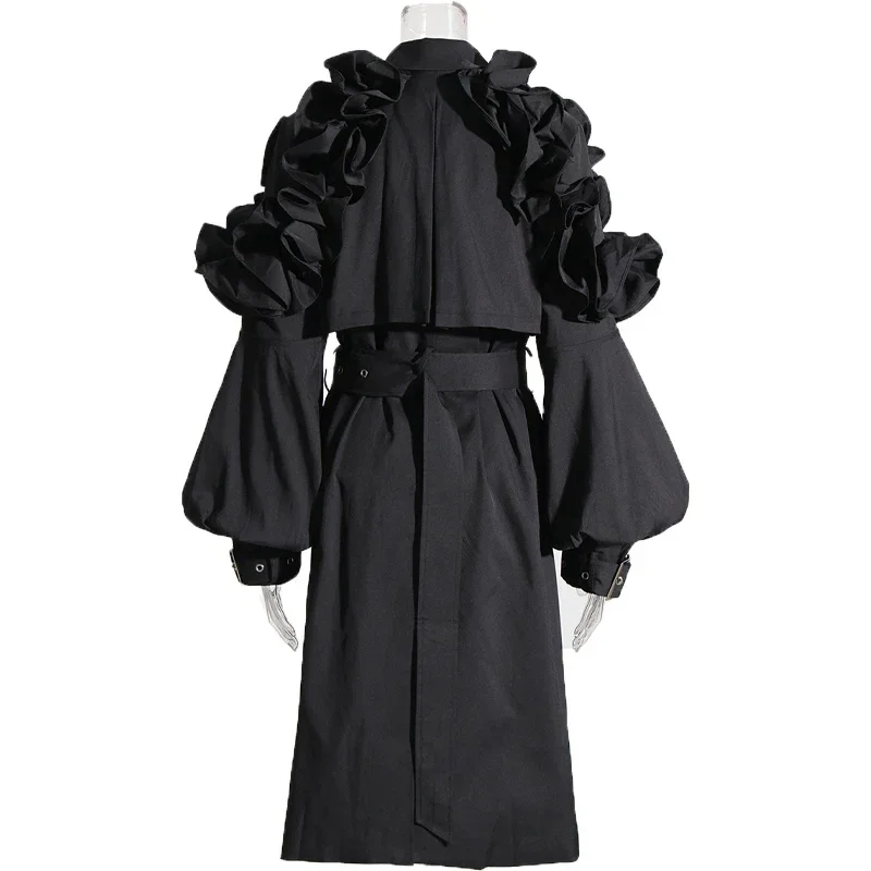 Temperament Commute Long Trench Coat for Women, Lapel, Long Sleeve, Ruffled Stitching, Slimming Over the Knee Coat