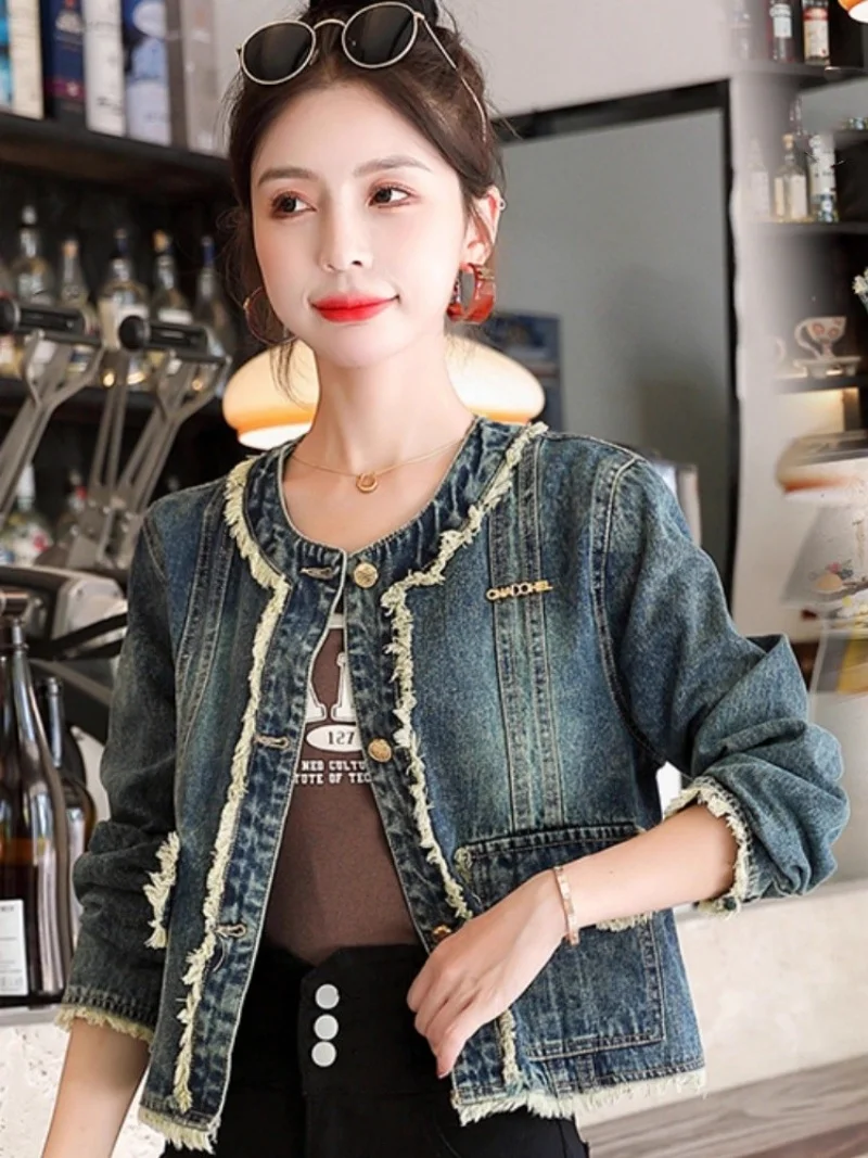 Denim Jacket Women 2025 Spring And Autumn New Style Tassel Fringed Round Neck Retro Jeans Short Coat Trend W280
