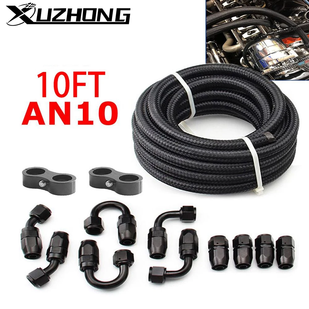 

10FT 10AN AN10 Oil Fuel Fittings Hose End 0+45+90+180 Degree Oil Adaptor Kit Braided Oil Fuel Hose Line 3M Black With Clamps