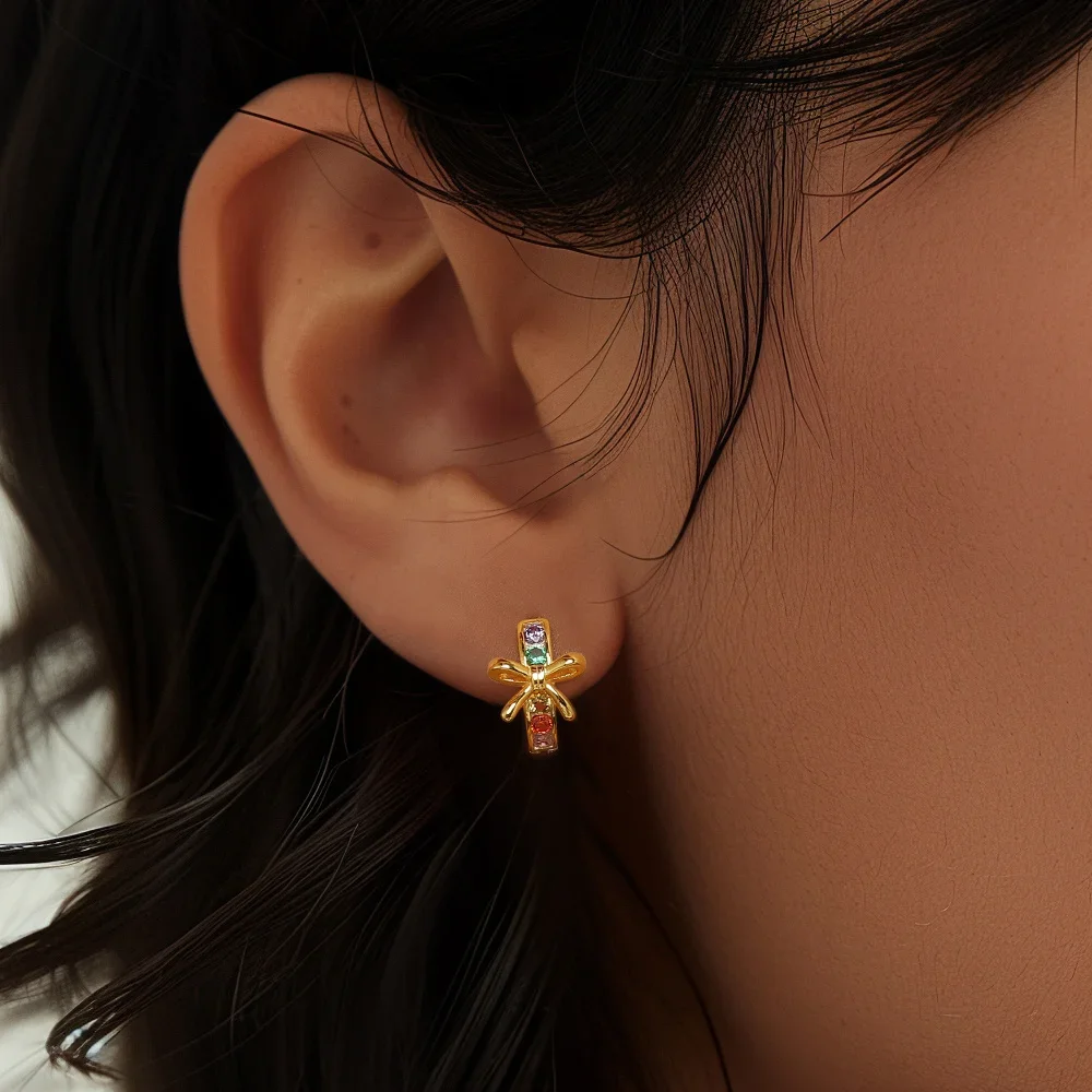 KO 925 Sterling Silver Bow Colorful Diamond Zircon Earrings Sweet and Fresh Women's Minimalist Earbone Studs Party Jewelry