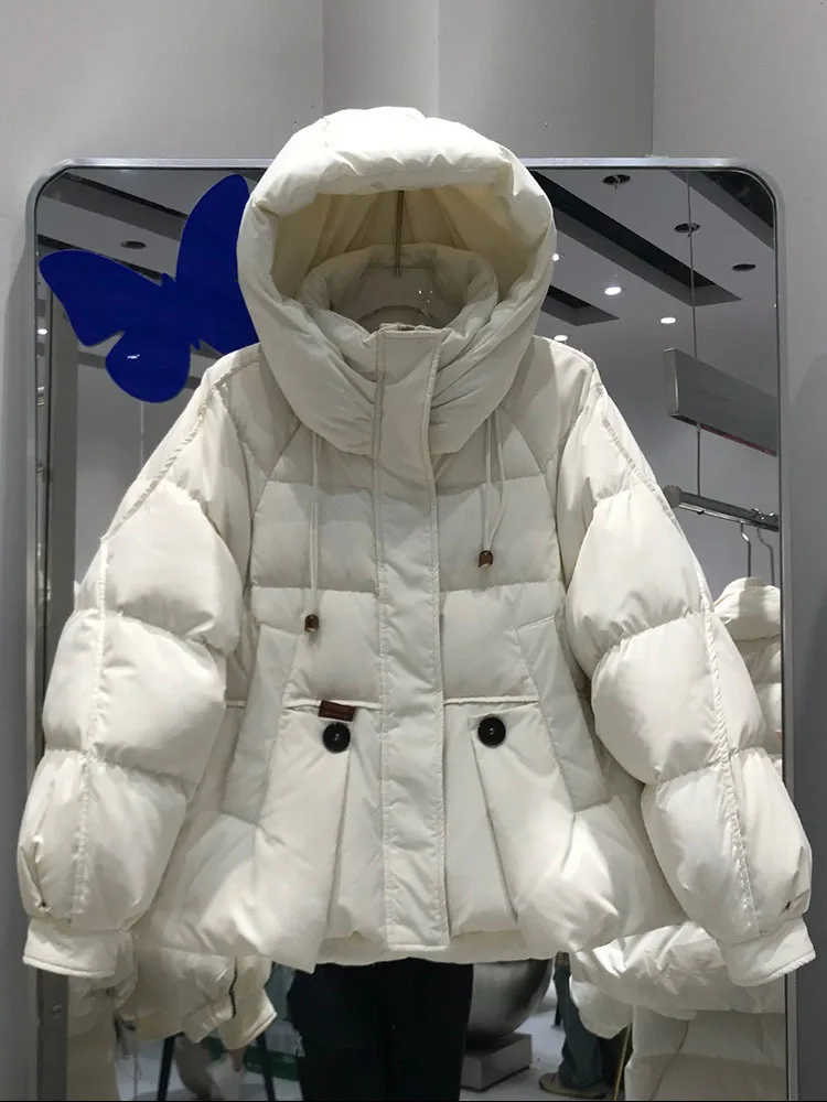 2024 New Winter Women White Duck Down Jacket Hooded Female Warm Over Size Casual Short Thick Warm Outwear Puffer Coat