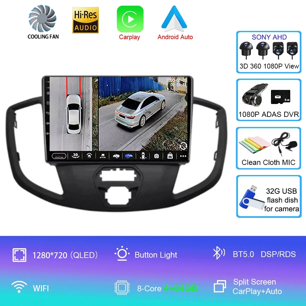 Android 16 Draadloze Carplay & Auto WIFI + 4G voor Ford Transit 2015 2016 2017 2018 autoradio multimediaspeler stereo 2D