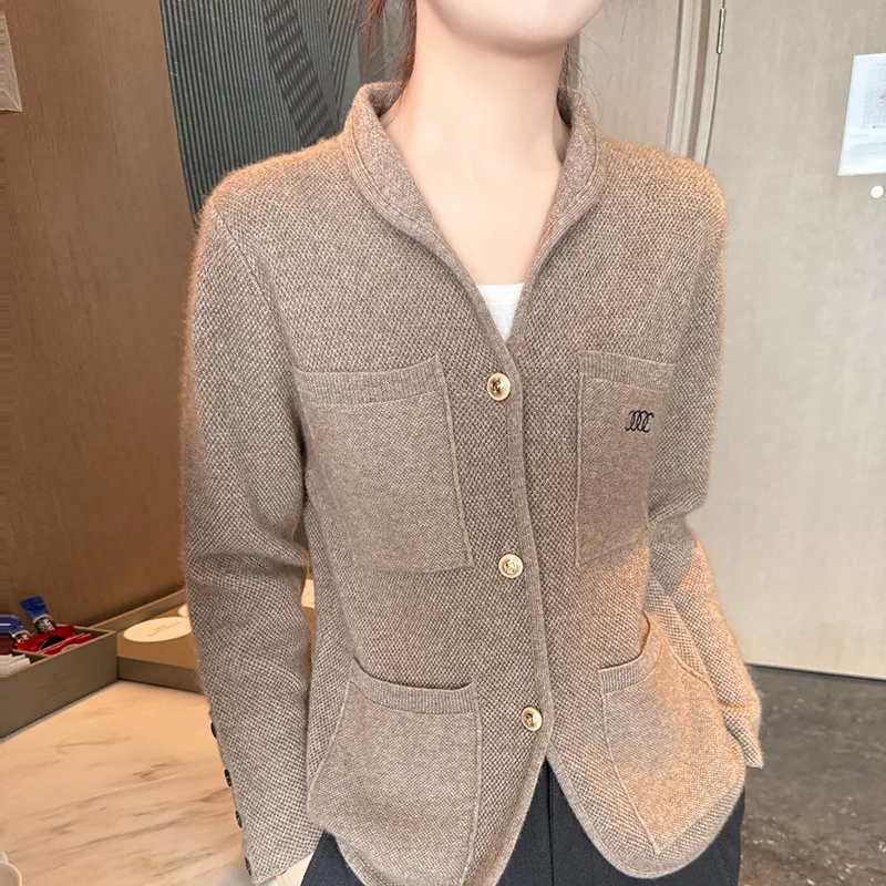 Cashmere Jacket Women's Winter Thick Sweater 100% Merino Wool Women's Stand up collar Knitted Cardigan Luxurious Warm Korean Top