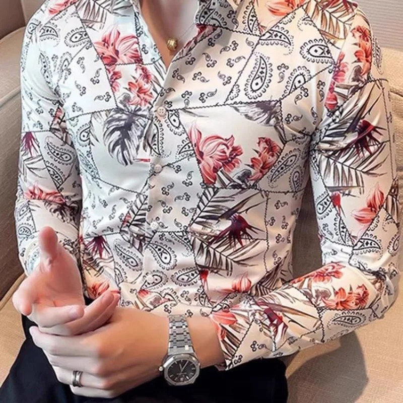 Men's 2024 Spring and Autumn New Spliced Square Collar Button Printed Slim Comfortable and Versatile Casual Long Sleeved Shirt