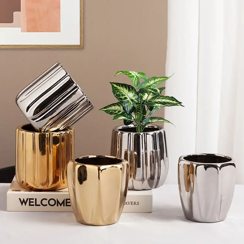 Geometric Gold Plating Personalized Small Flower Pot Nordic Light Luxury INS Style Desktop Ceramic Flower Pot with Porky Flowers