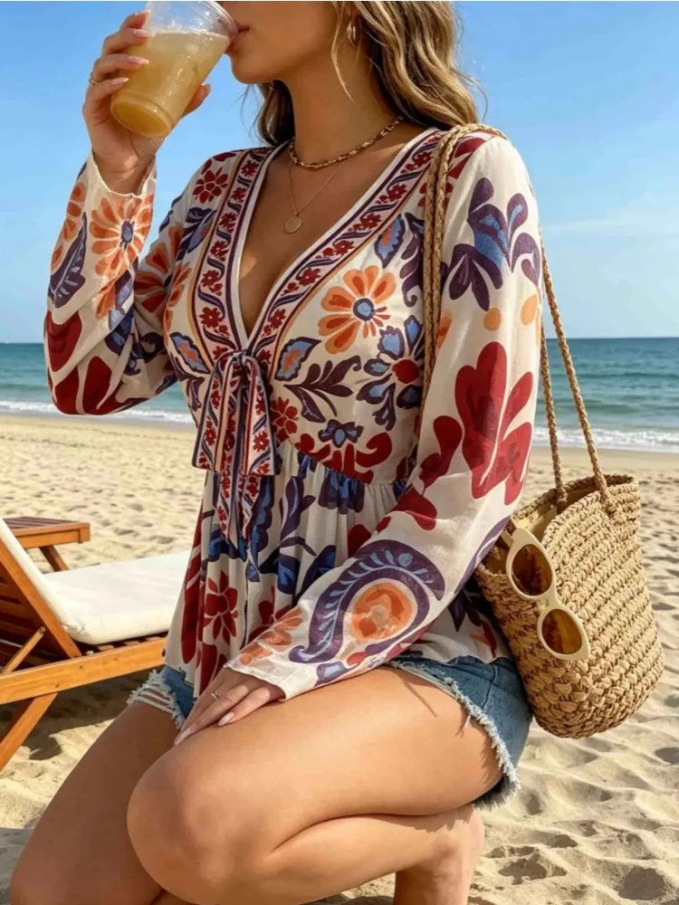 New Fashion V Neck Printed Cover Up Vacation Summer Plus Size Women's Blouse Beach Flare Sleeve Mesh Semi-sheer Loose Fit Shirt view 5
