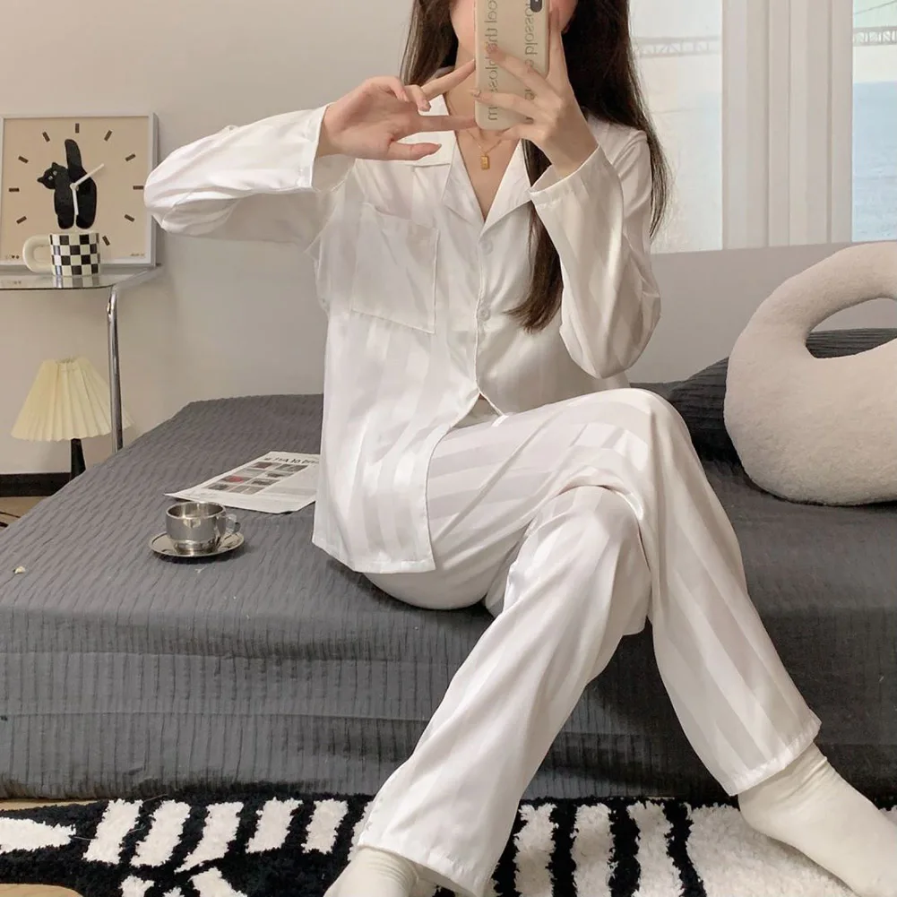 Women Pajamas Striped Pijama Sets Silk Satin Female Home Clothes Causal Sleepwear Solid Color Comfortable Woman Clothing