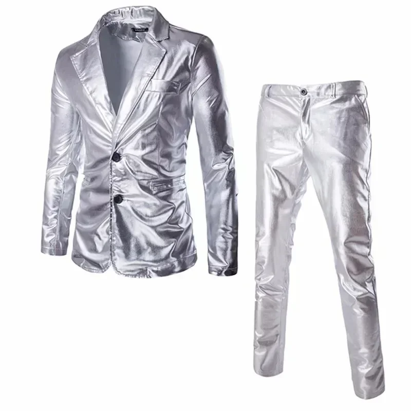 Plus Size Men's Suit Slim Fit 2 Button 2 Piece Set Solid Shiny Party Gold Silver Black Suit For Men Wedding Prom Blazer & Pants