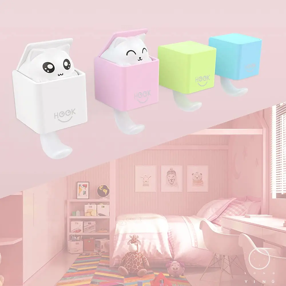 Cute Cat Hooks Self Adhesive Mount Coat Hook for Hanging Heavy Duty Wall Hooks for Home Kitchen Bedroom Coats Hats Keys Stick