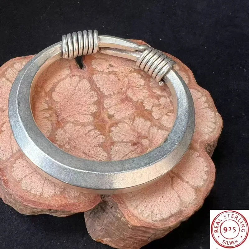 925 Silver Plated Miao & Dong Ethnic Bangle, Vintage Smooth Finish, Handmade Push-Pull Design, Minimalist Original Jewelry