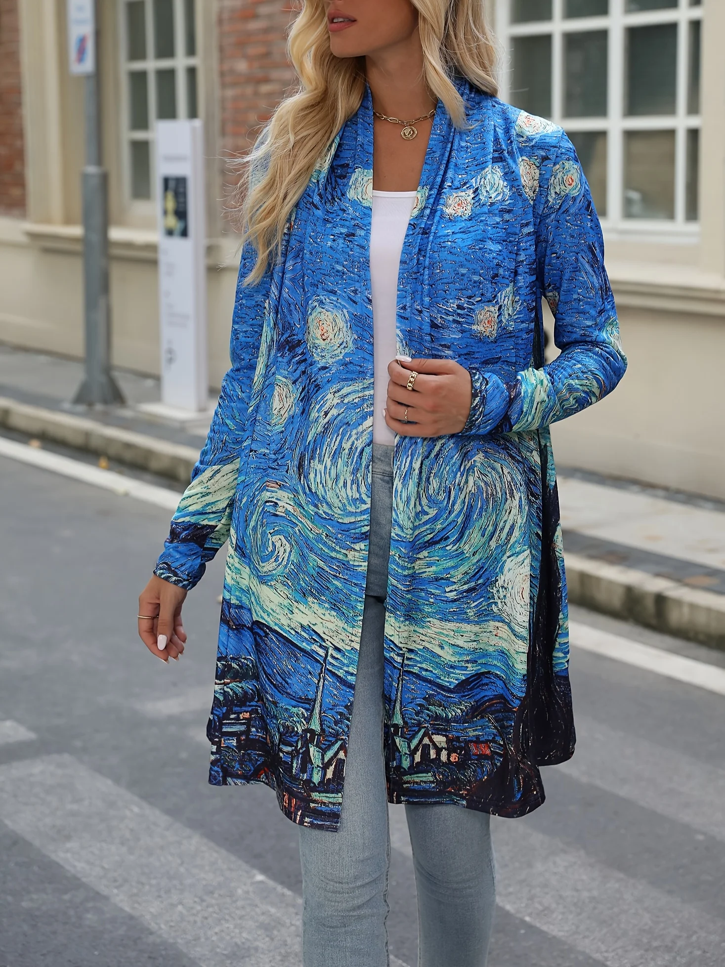 2024 Europe and the United States Spring and autumn plus size women\'s coat ethnic elements printed cardigan long-sleeved top sli