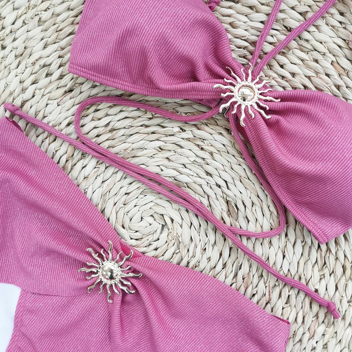 Vintage roxo duas peças maiô feminino metal sol ornamento cruz push up sutiã babados cintura alta biquíni 2025 praia fatos de banho