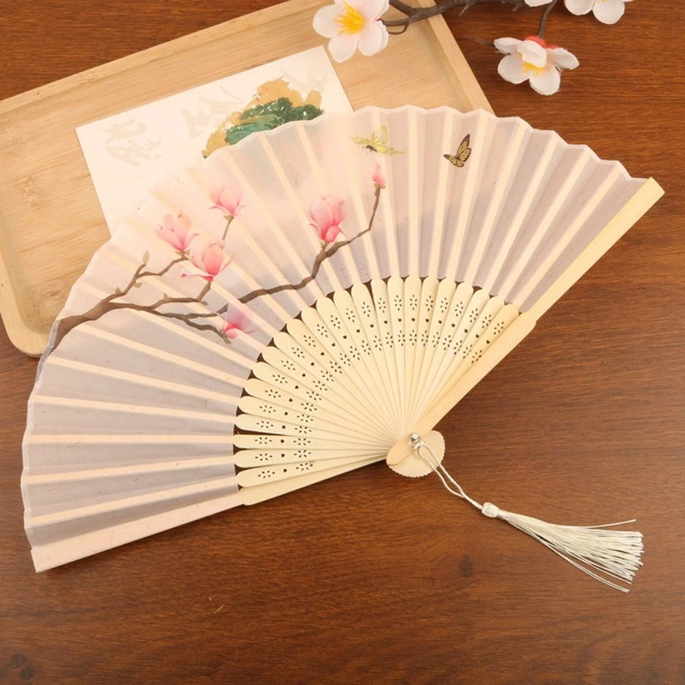 Antique Folding Fan Bamboo Frame Magnolia Pattern Traditional Dance Fan Lightweight Artistic Decorative Fan Chinese Costume