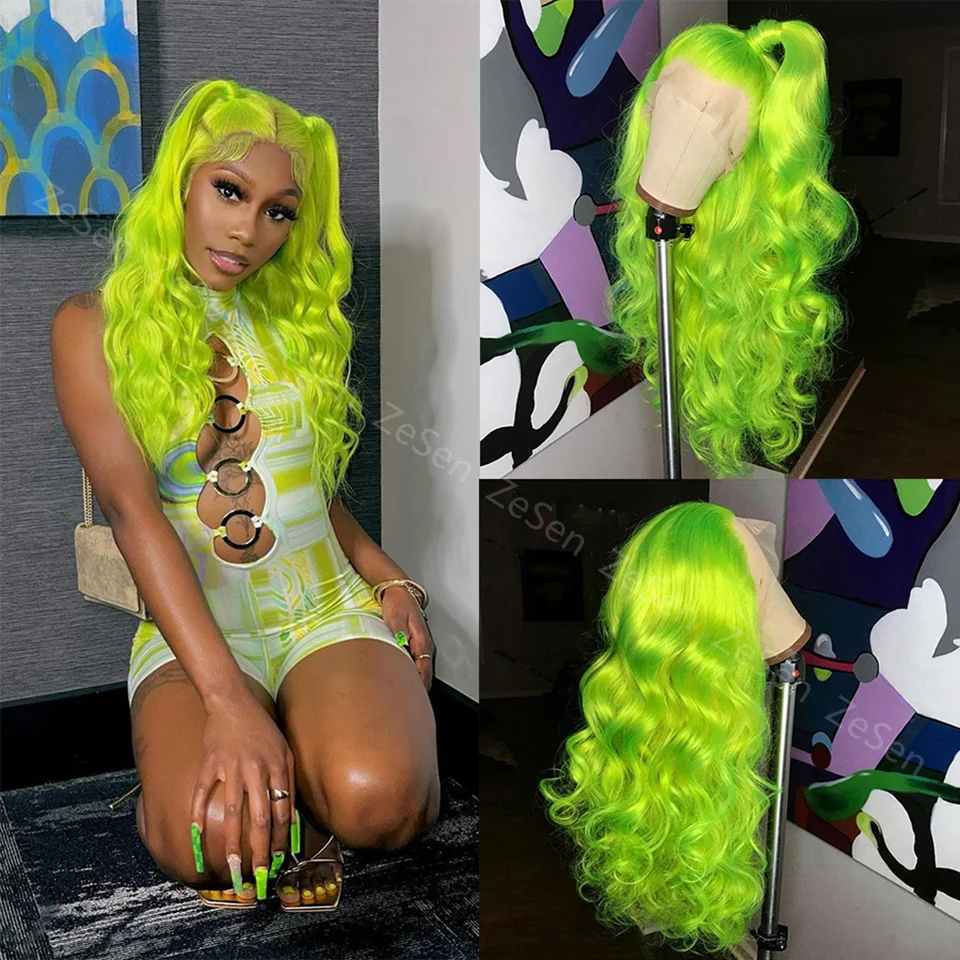 Vrouwen Lange Golf Lace Front Pruik Haar Synthetische Natuurlijke Cosplay Party Neon Groen Hittebestendige Dagelijks Natuurlijke Haarlijn Pruiken