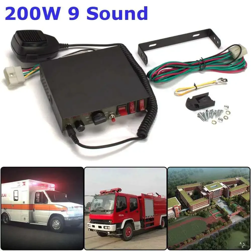 

DC 12V 200W 9-Sound Tones Loud Car Truck Warning Alarm Siren Horn Speaker MIC Systems Siren Box Unit Auto Car Electronics Parts