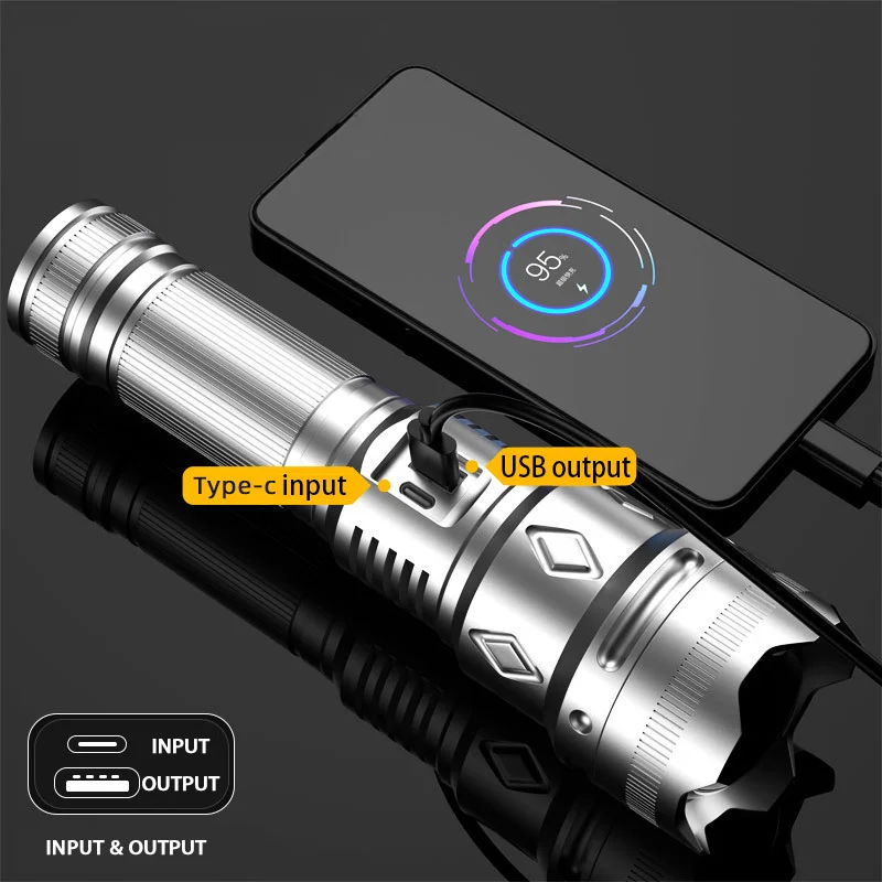 New 30W LED Spotlight Flashlight Torch Lantern High Power USB Charging Telescopic Zoom Home Outdoor Camping Portable Lighting