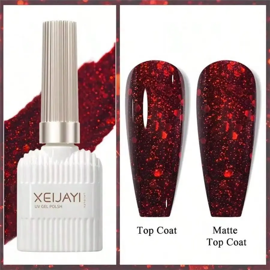 XEIJAYI 1Pc 15ML Glitter Red Gel Nail Polish, Holographic Glitter Diamond Collection Glitter Nail Gel