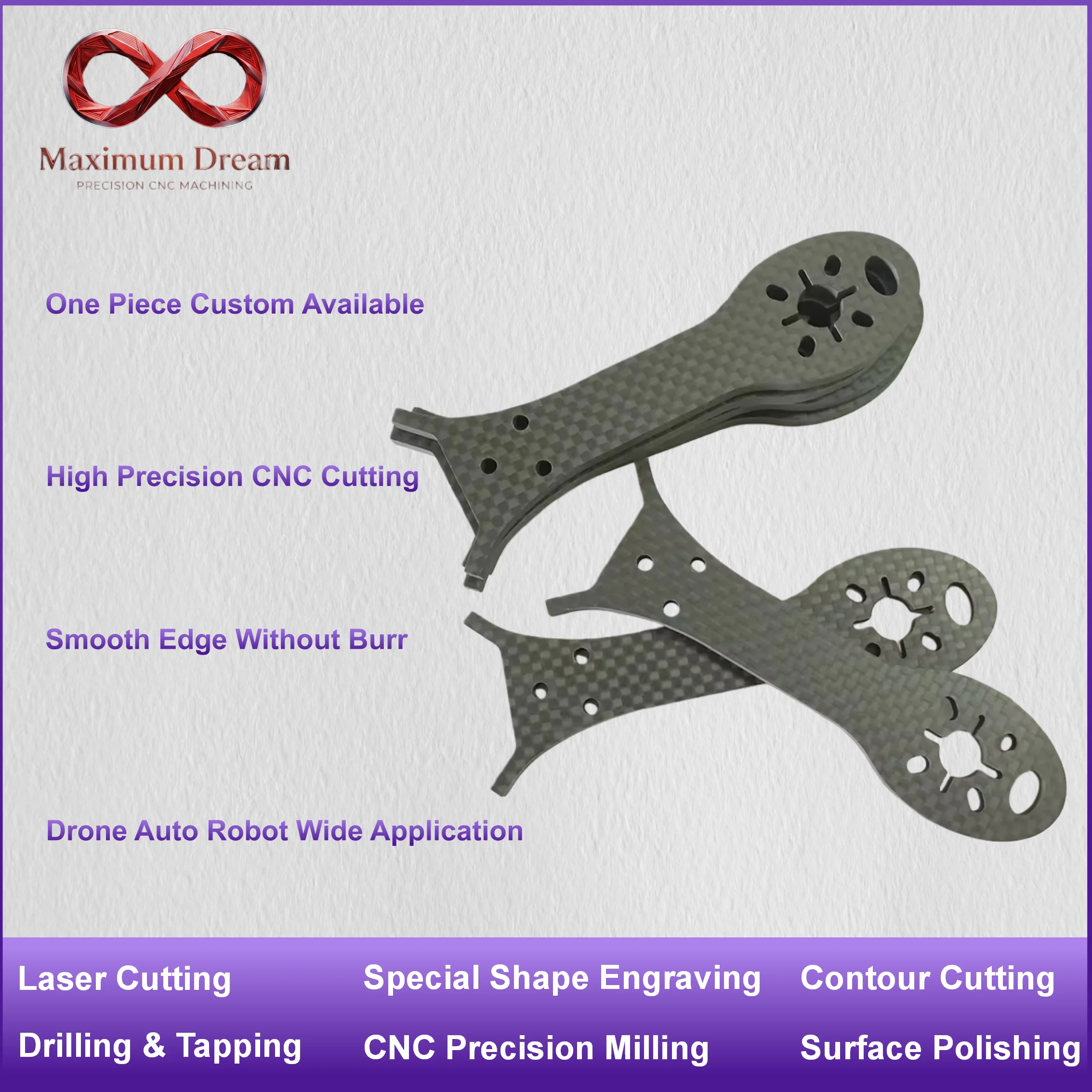 Carbon Fiber Panel CNC Engraving Cutting Custom Service for Robot Arm Medical Instrument Parts