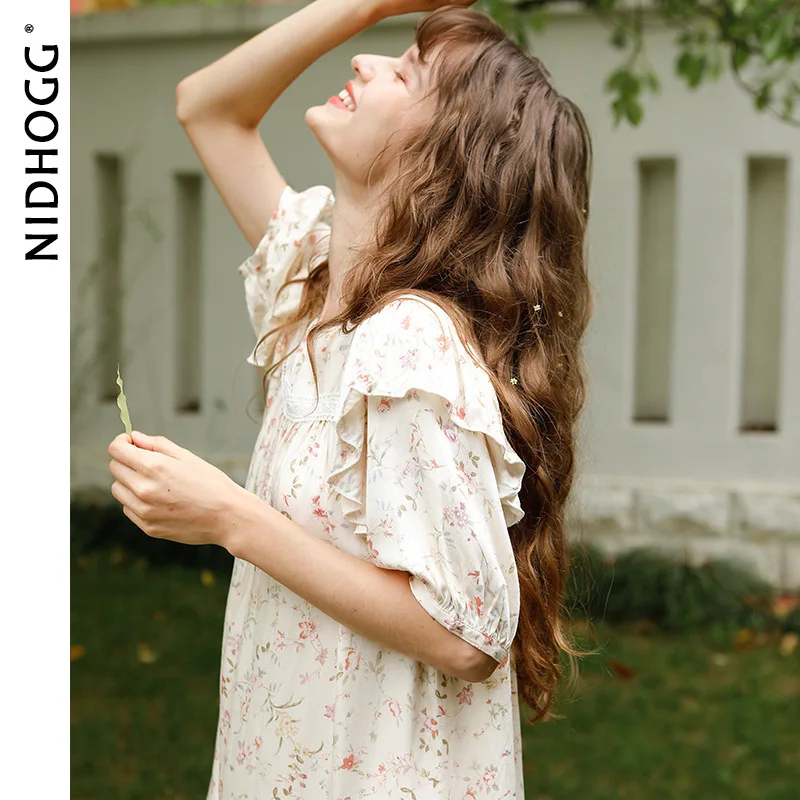 فستان نوم فرنسي عتيق مزين بالزهور للنساء صيفي بأكمام قصيرة من الدانتيل ثوب نوم الأميرة كشكش الجنية ملابس منزلية قميص نوم فضفاض #2