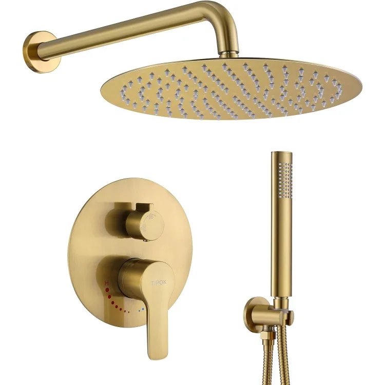 Shower System, Brushed Gold Shower Faucet Set Contain High Pressure 12 inch Round Rain Shower Head with Handheld