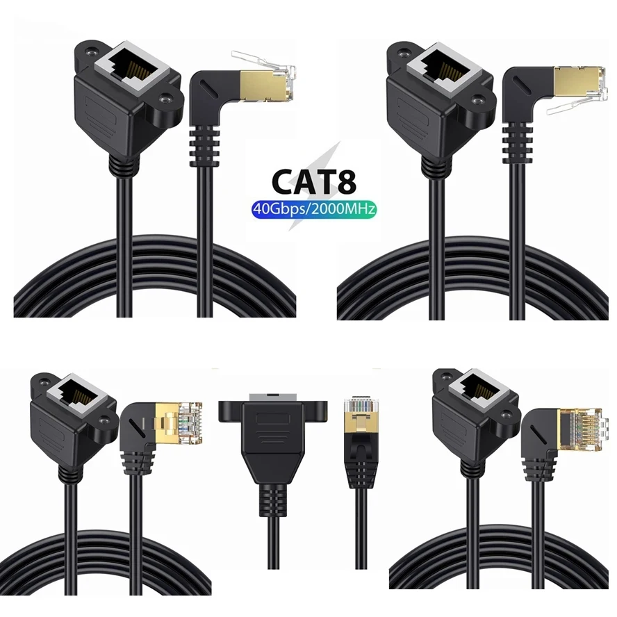 CAT8 8Pin RJ45 40Gbps 2000MHz Ethernet Network Extension Cable Male To Female 90 Degree Angle For Laptop PC Router Computer Cord