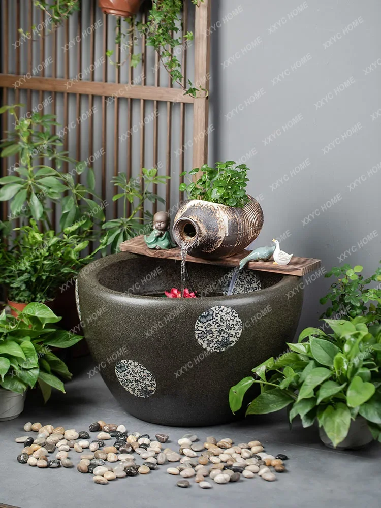 Ceramic Water Fountain Fish Tank Pottery Tank Water Circulation Landscape Ancient Fish Tank Living Room Balcony Floor Large