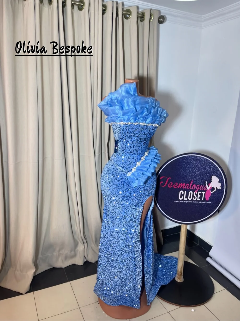 

Blue Sequin Mermaid Aso Ebi Evening Dress High Split Beading Wedding Reception Gown Birthday Dress Vestidos De Noche Customized