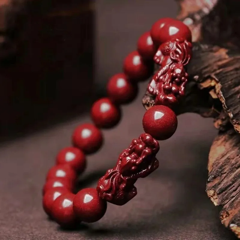 Natural Cinnabar Pixiu Bracelet Purple Gold Sand Elastic Men's and Women's Round Beads String Auspicious Wishful Jewelry