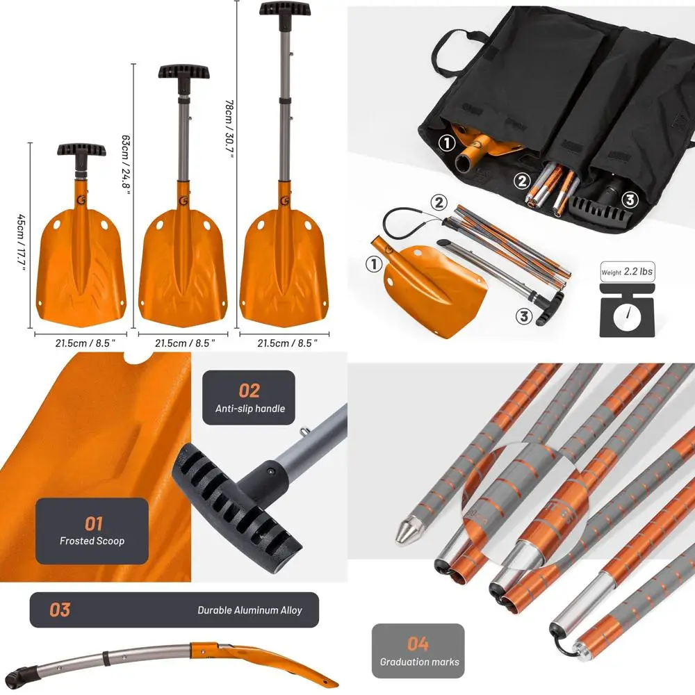 

Compact Folding Snow Shovel with Aluminum Alloy Construction, Snow Probe, and Carry Bag - Orange