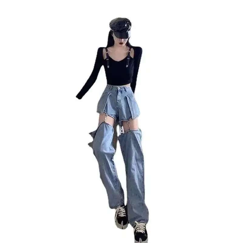 Jeans Dames Zomer Nieuwe losse pasvorm Hoge taille Afslankende wijde pijpen Rechte pijpen Lange broek Ontwerpgevoeligheid Afneembare broek