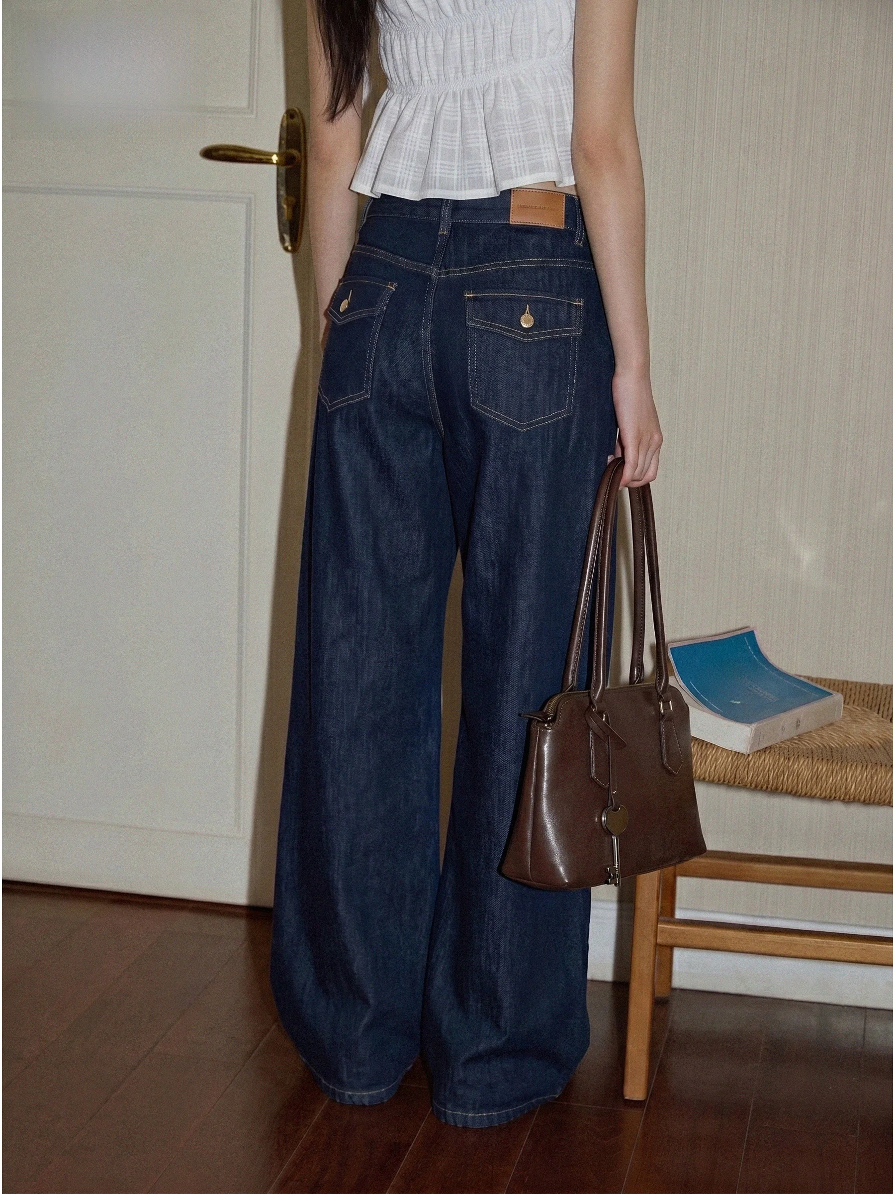 

Deep Blue American High Waist Wide Leg Jeans Women's Summer Loose Slimming Lazy Drapey Floor-Length Pants Casual Style