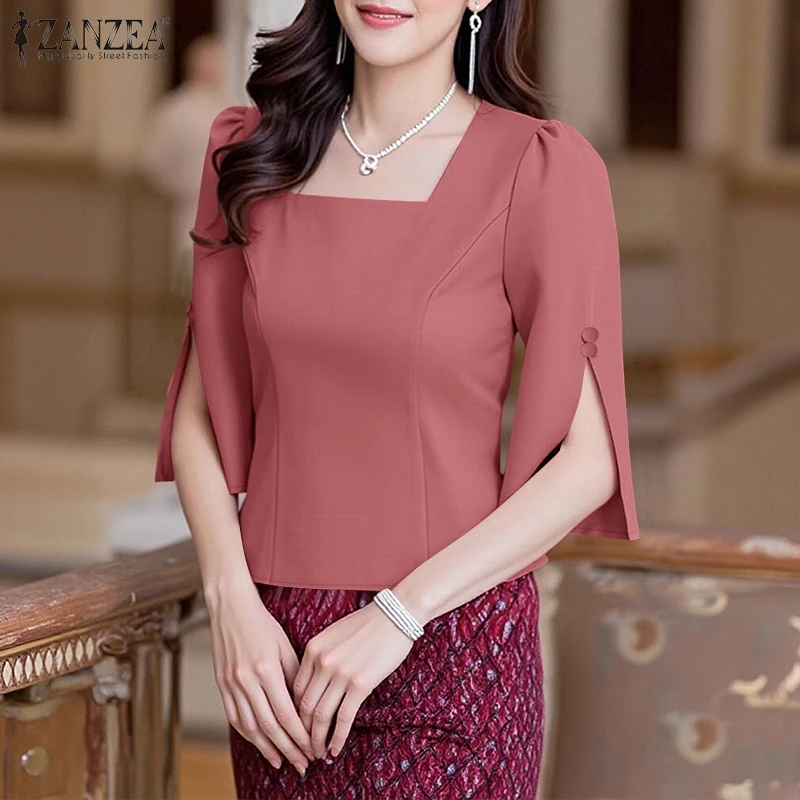 

ZANZEA Elegant Women Square Neck 3/4 Puff Sleeve Blouse 2026 Summer Office Shirt Stylish Solid Slim Fit Tops Female Mujer Tunic
