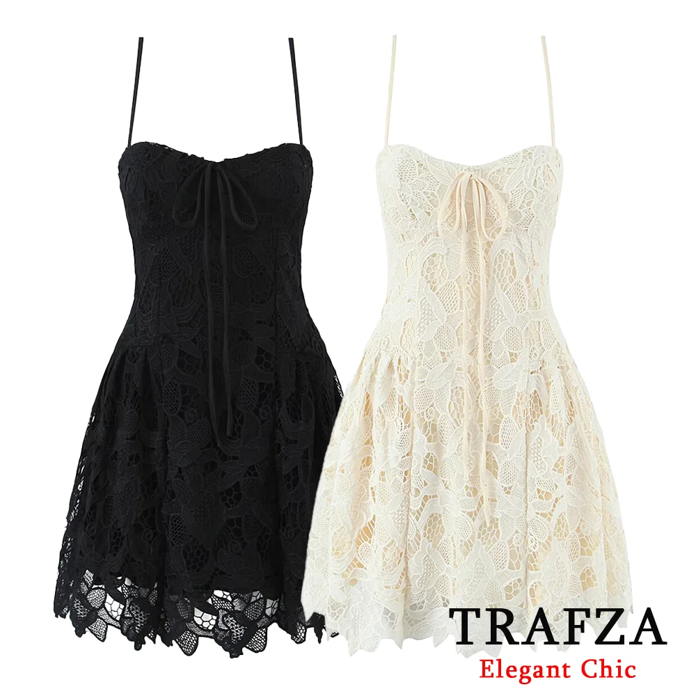 

TRAFZA Elegant Chic Hook Flower Hollow Dress Women's Lace Suspender Short Dress 2025 Summer Fashion Wedding Party Holiday Dress
