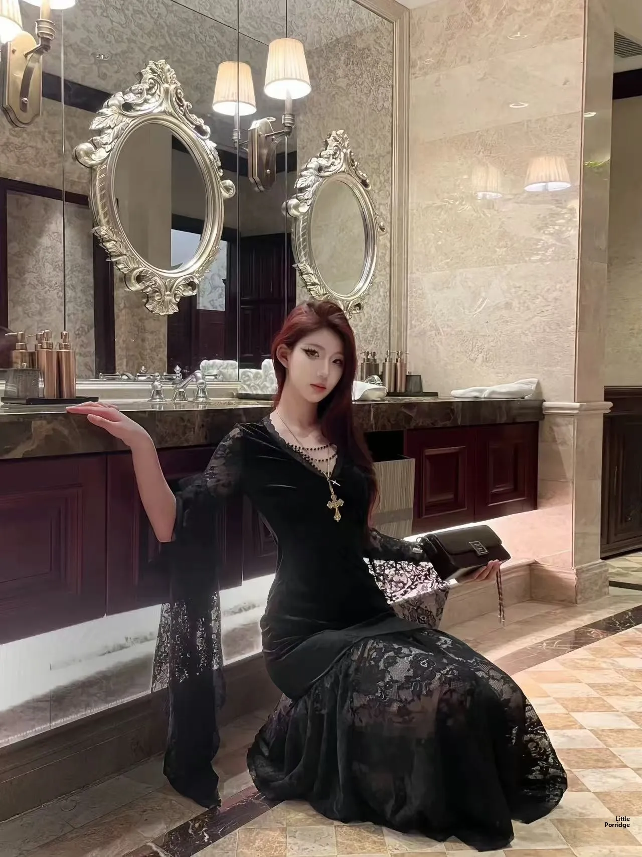 Gothic Sle loween Lace Splicing Bat Sve Dr Women's Light Subculture Clothing Long Dr High Waist Polyester Fiber