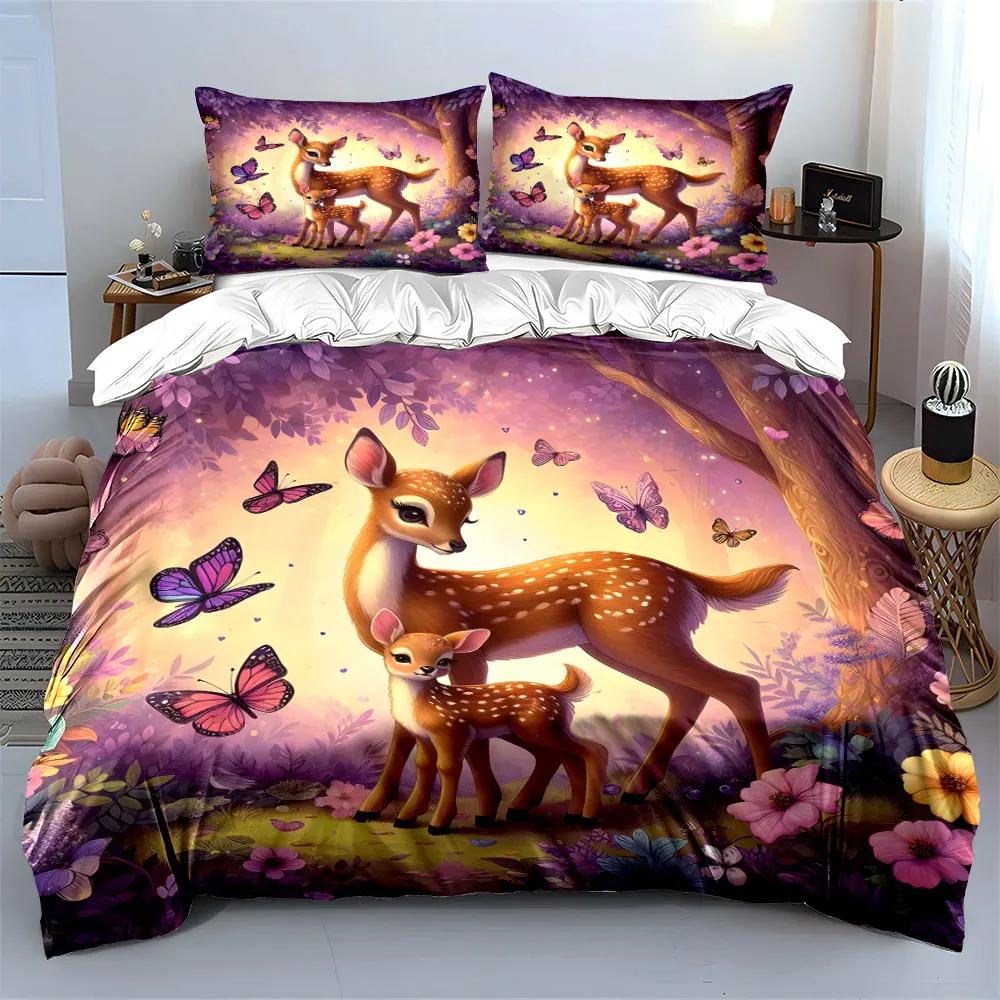 Deer and Fawn Amid Blossoms and Butterflies Print Bedding set 3PC 1 duvet cover 2 pillowcases adult and children bedding set