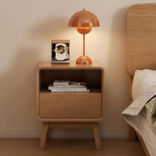 100% Solid Oak Wood Nightstand, Natural Wood Nightstand with Drawer Open Shelf, Mid Century Modern Night Stand, Small
