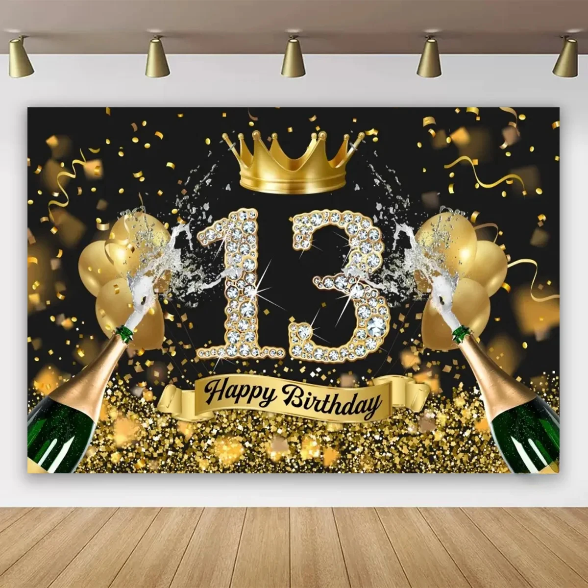 13th Birthday Party Backdrop for Photography Teenager Kids Boys Girls Happy 13 Years Old Gold Black Pink Blue Balloon Poster