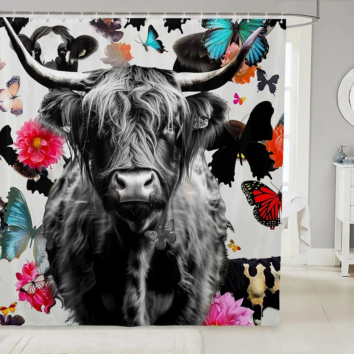 

Занавеска для душа Highland Cow, бык, крупный рогатый скот, занавеска для ванны, детская бабочка, фермерский дом, водонепроницаемые занавески для душа в стиле вестерн, ковбой