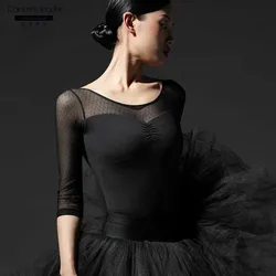 Body per balletto per abbigliamento da allenamento da donna girocollo manica a tre quarti cuciture ginnastica body ballerina costume da palcoscenico