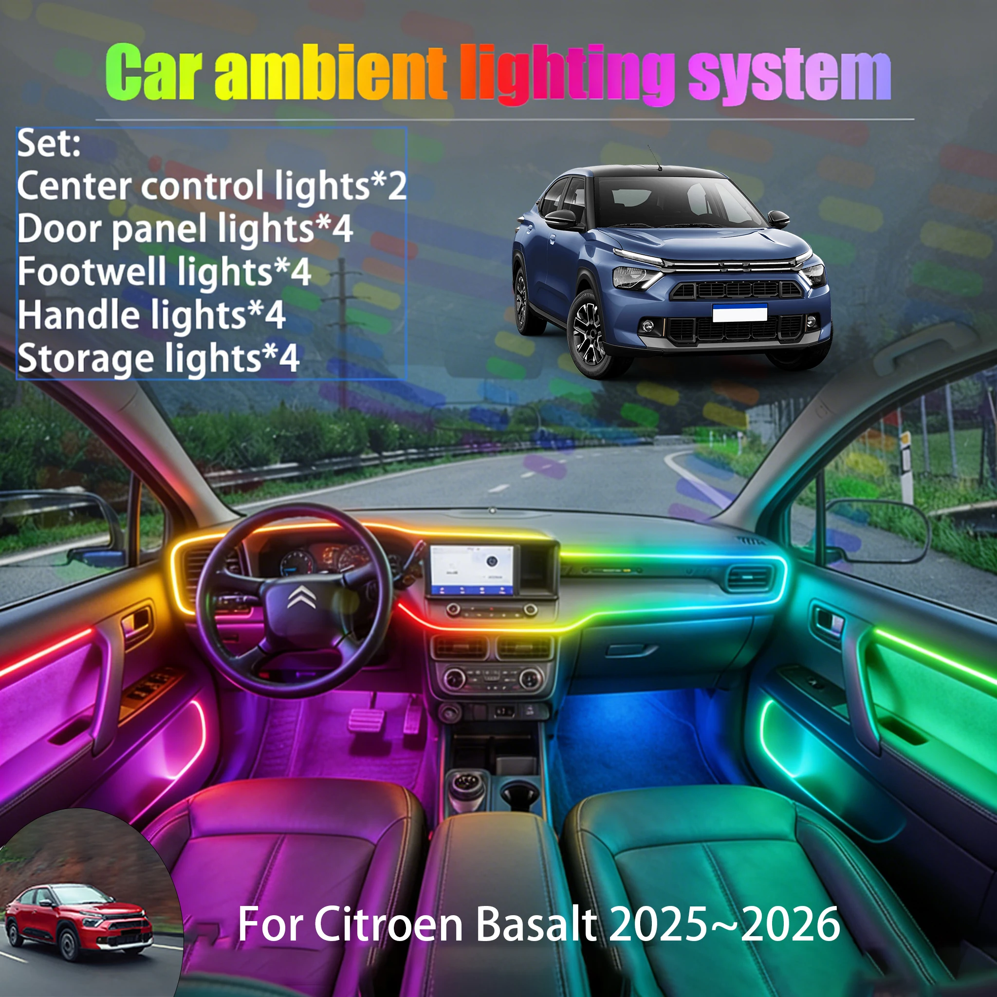 

For Citroën Basalt 2025~2026 CC26 2/18 in 1 Car ambient lighting Led trunk interior led lights USB RGB Ensemble Streamer