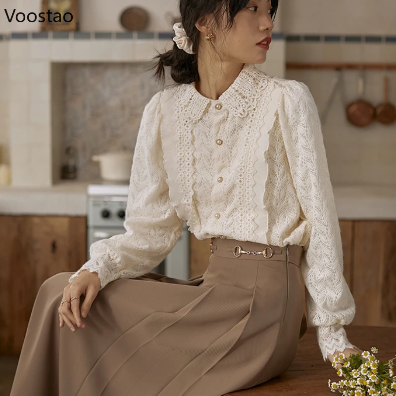 Vintage Elegant Lace Shirt Spring Autumn Women Sweet Long Sleeve Pearl Button Embroidery Blouses Office Lady Chic Ruffles Tops