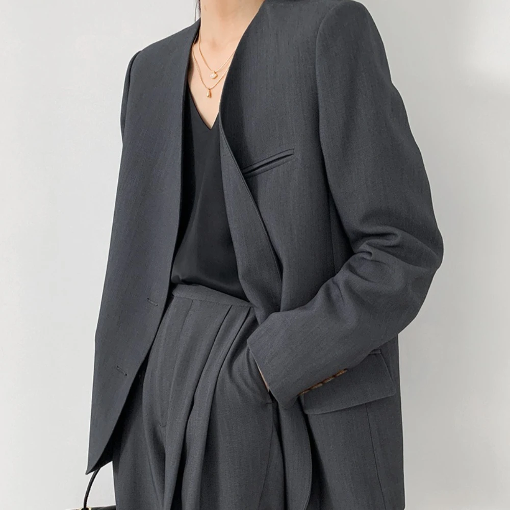 TWOTWINSTYLE Grau Gespleißte Tasche Zwei Stück Set Weibliche V-ausschnitt Langarm Jacke Büro Minimalistischen frauen Hosen Set Mode