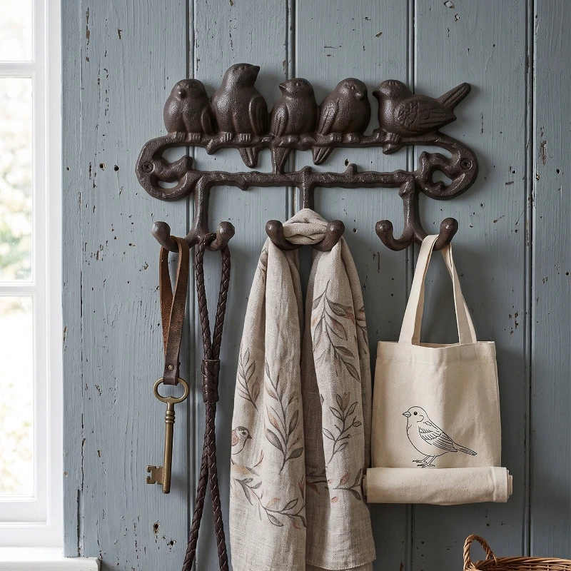 5‑Bird Wrought Iron Wall Hook Modern Retro Decorative Wall Hanger Multi‑Hook for Coat Key Hat Creative Wall Home Decor