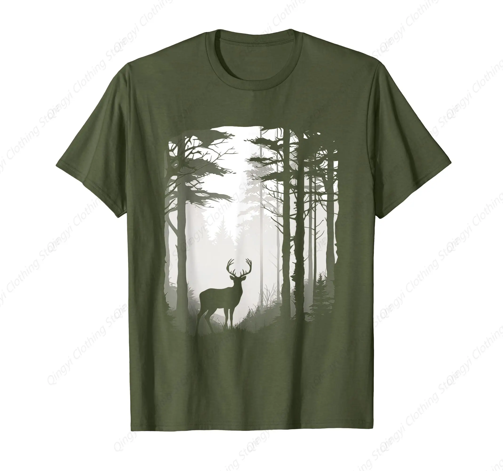 Deer Forest Wildlife Graphic Hunter Green T-Shirt