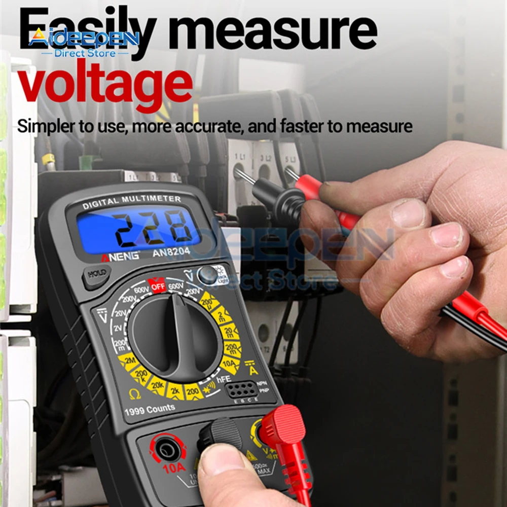 AN8204 Palm Digital Multimeter hFE Triode Diode Tester Intelligent NCV Voltage Buzzer Meter Anti-burn Maintenance Tools