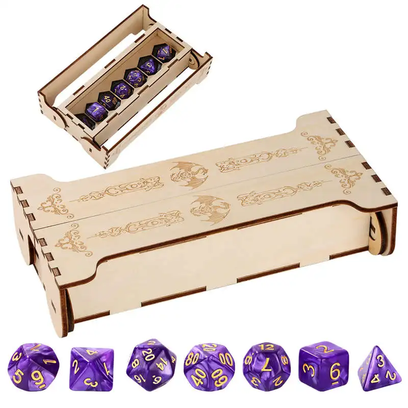 

Wooden Fantasy Pterosaur Dice Storage Box with 7Pcs Purple Plastic Polyhedral Dice Board Game Accessory Container for RPG Player