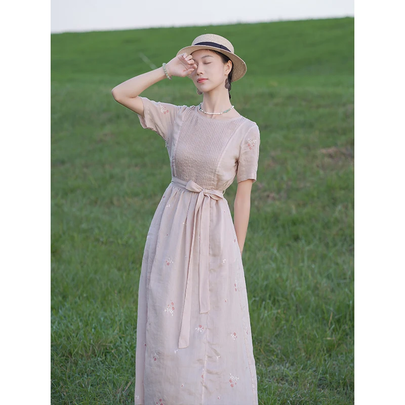 Vestido de Lino Bordado Ele, de una Pieza 5350, de Dos Piezas 4280, Estilo Artístico, Hermosa Falda Larga, Manga Corta, Cuello Redondo